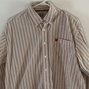 Cinch orange white and blue plaid long sleeve western button down shirt